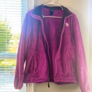the north face, purple jacket, very soft, size medium, zip up pockets, no hood